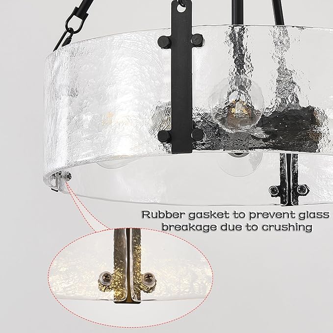 Black Dining Room Chandelier 20” Modern Textured Glass Chandelier 6-Light Drum Crystal Light Fixture Vintage Farmhouse Round Hanging Lighting for Kitchen Island Over Table