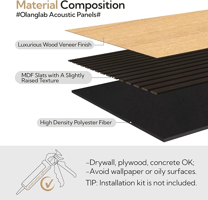 Olanglab Acoustic Wood Wall Panels 4 Pack, Sound Dampening Wood Slat Wall Panels 23.6" x 47.2", Cool Oak