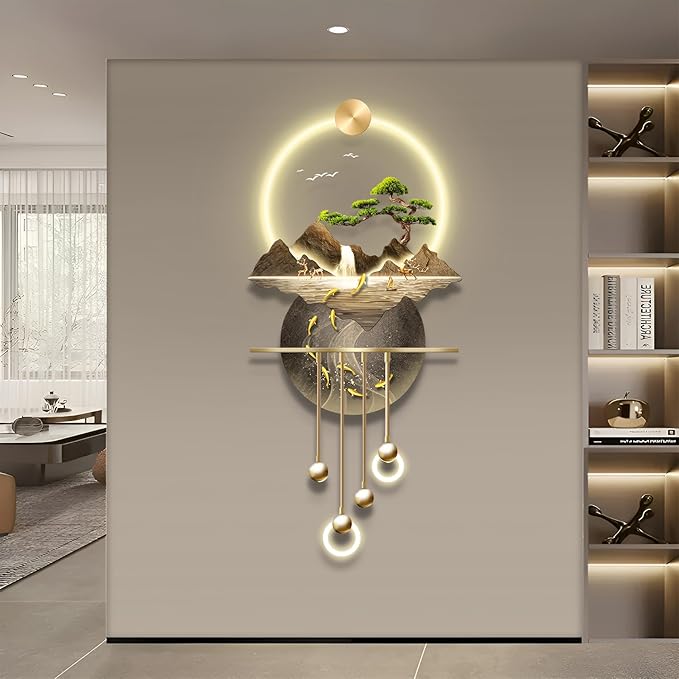 LED Light Decor Wall Art, 3D Art Wall Decor with Light, Decors Walls Sculptures Large 3D Art, Decors Walls Sculptures Lighting Modern, Plug-in Power Supply, Gold B, 23x53in