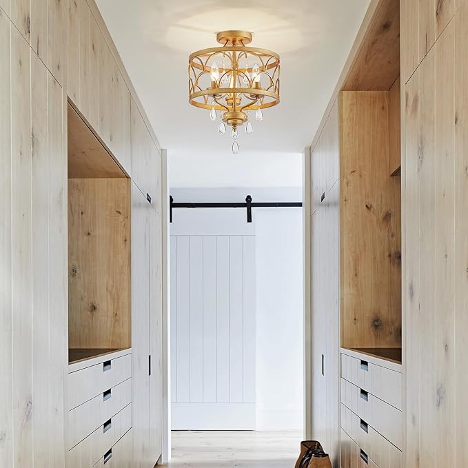 Crystal Ceiling Light Fixture, Modern Small Chandelier Light Fixture, Farmhouse Gold Semi Flush Mount Ceiling Light, Round Hallway Lighting Fixtures for Bedroom Entryway Closet Dining Room Living Room