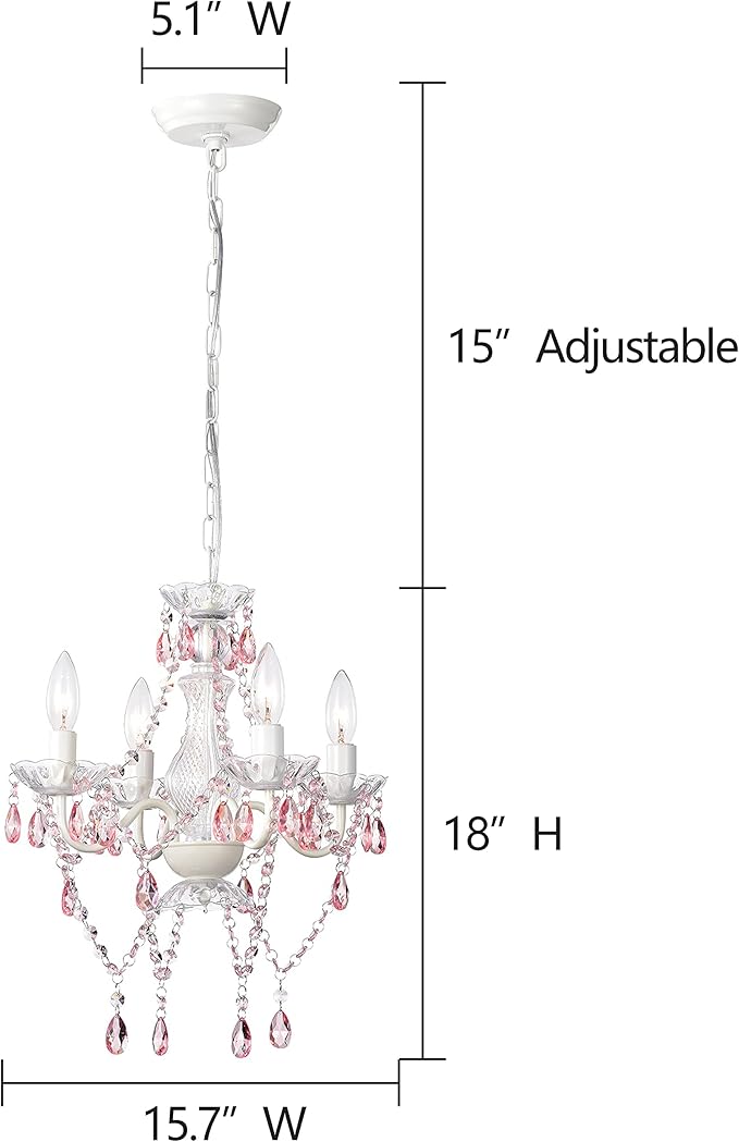 LaLuLa Pink Chandelier White Chandeliers Lighting with Acrylic Crystals Mini 4 Lights Pendant Light for Bedroom and Girls Room