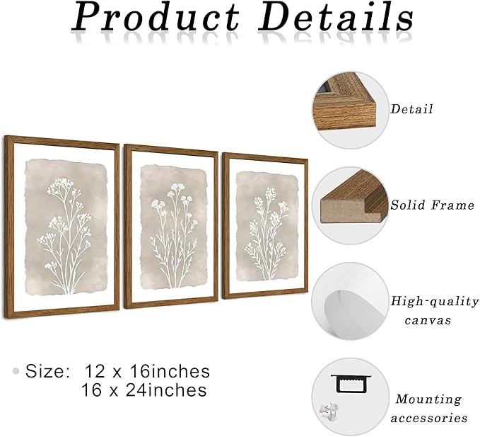 JLTULT 3 Piece Boho Beige Floral Wall Art, Minimalist Line Botanical Flower Wall Decor, Vintage Rustic Wildflower Art Prints for Living Room Bedroom Office Farmhouse decoration 12x16 in Ready to Hang