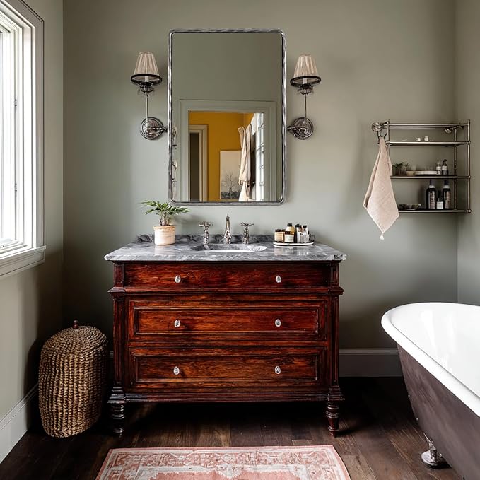 ANDY STAR Hand-Forged Silver Bathroom Mirror for Wall, 24x36 Inch Vintage Solid Steel Metal Frame Bathroom Vanity Mirror, Antique Rounded Rectangle Wall Mirror, Hangs Horizontally or Vertically