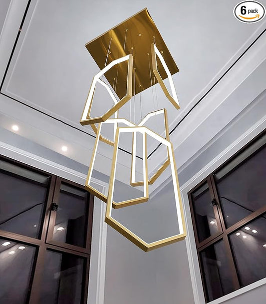 6-Rings Chandelier Modern, Gold Contemporary LED Light for Living Room Entrance, Dimmable Flush Mount High Ceiling Chandeliers with Remote Control for Villa Foyer