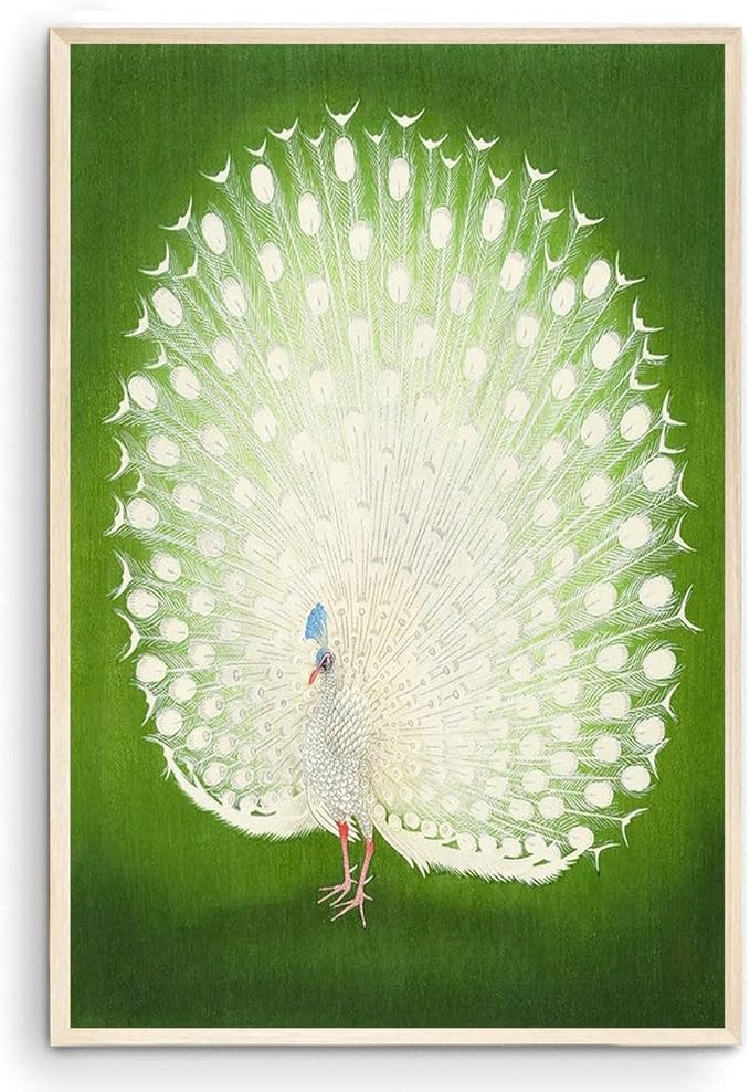 OZCONO White Peacock Wall Art Print, Japanese Style Bird Illustration, Green Background, UV-Resistant Giclée Print (11L x 9W)