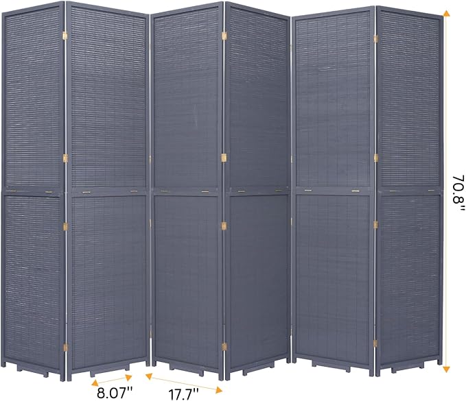 Bamboo Room Divider Folding Privacy Screens, Wall Divider for Room Separation, Portable Room Partitions and Dividers, 5.6FT Bamboo Mesh Woven Room Divider Panel (Grey, 6 Panel)