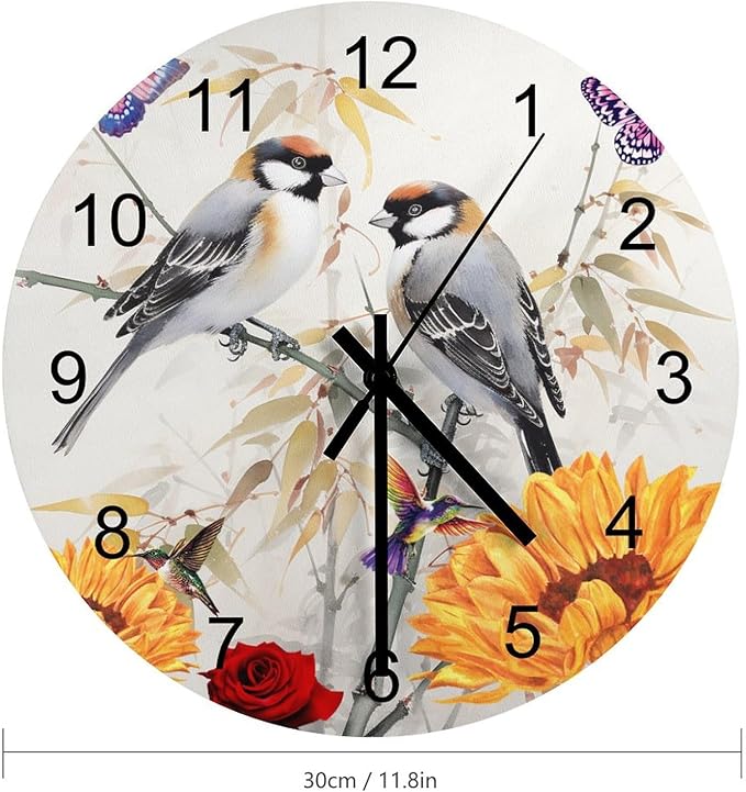 Bird Bamboo Forest Oriental Art Circular Wall Clock, Black Bamboo Forest Butterfly Love Bird Art Decoration, Colorful Butterfly Art Home Wooden Silent Wall Clock 12x12INCH