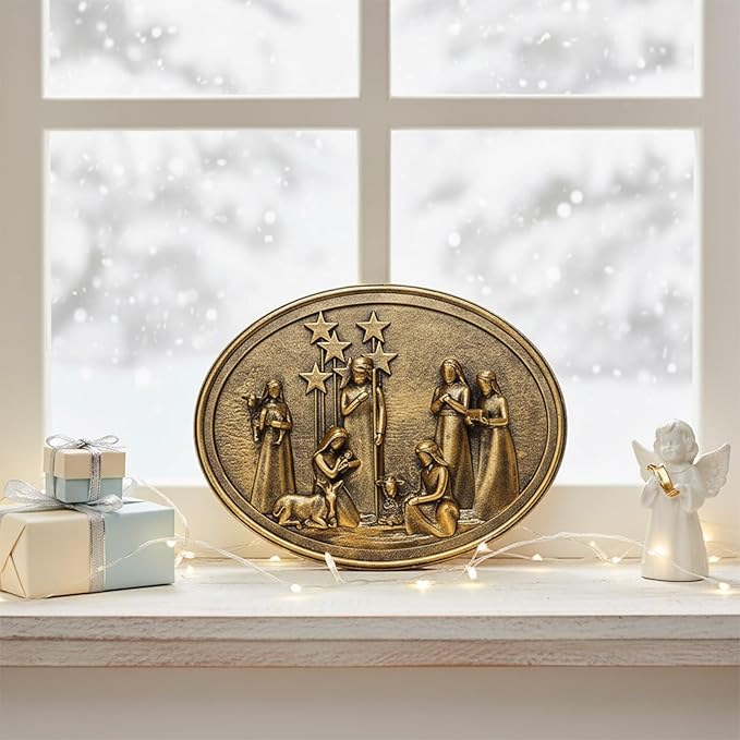 Christmas Vintage Wall Decor with 3D Resin Nativity Scene, Oval Antique Wall Sculpture Framed Christmas Manger Nativity Set for Bedroom Living Room Hallway