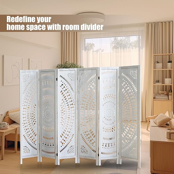 6 Panel Wood Room Divider Fully Assembled, Decorative Room Dividers and Folding Screens, 5.6Ft Room Divider Screen Freestanding Partition Wall Dividers for Home Bedroom Office, White