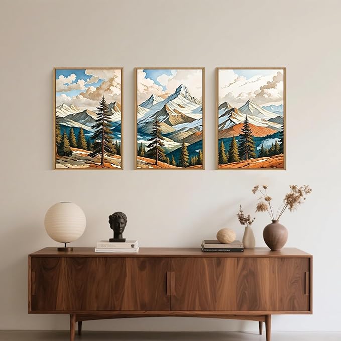 Large Woodcut Style Mountains Framed Canvas Wall Art,Vintage Pine Trees Wall Decor,Boho Natural Snow Ridge Artwork,Modern Woodland Landscape Art Print for Living Room,Bedroom,Office- 24"x36"x3