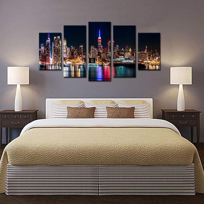 Biuteawal Large 5 Piece New York City Canvas Wall Art Manhattan Skyline at Night Picture Prints Modern Home Office Wall Decoration Gallery Wrapped Ready to Hang