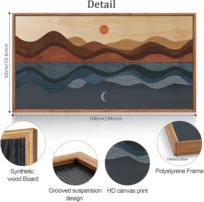 CHDITB Framed Canvas Wall Art For Bedroom, Sun And Moon Long Horizontal Wall Decor, Mid Century Modern Painting, Vintage Abstract Wave Line Poster, Mountain Sea Artwork For Living Room Office 40”X20”