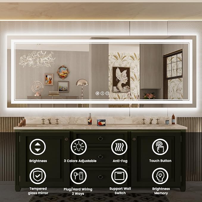 84x32 Inch Large LED Mirror Bathroom with Lights, Backlit and Front Lighted Bathroom Vanity Mirror for Wall, Anti Fog,Dimmable,Shatterproof