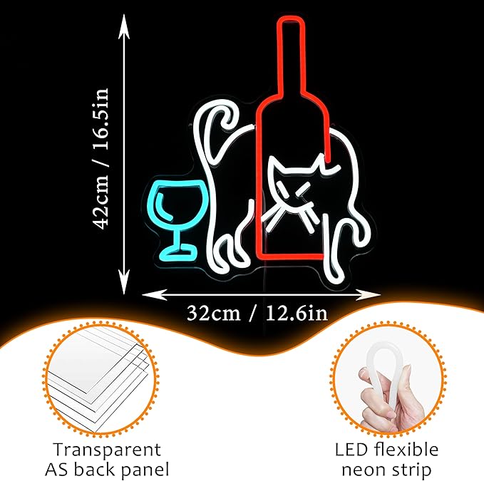 LISIGNVE Cat Beer Neon Sign LED Wine Glass Light up Sign for Bar Wall Decor USB Dimmable Cat Neon Light Cocktail neon Light sign for Living Room Home Bar Man Cave Animal Themed Gathering