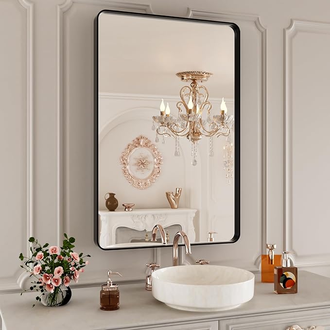 24X36 Inch Matte Black Bathroom Mirror,Bathroom Vanity Mirror for Wall,Rectangular Round Corner Black Metal Framed Mirror(Horizontal/Vertical)
