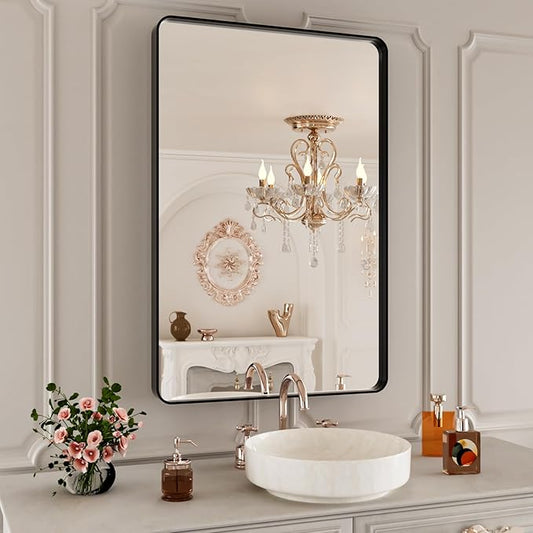 24X36 Inch Matte Black Bathroom Mirror,Bathroom Vanity Mirror for Wall,Rectangular Round Corner Black Metal Framed Mirror(Horizontal/Vertical)