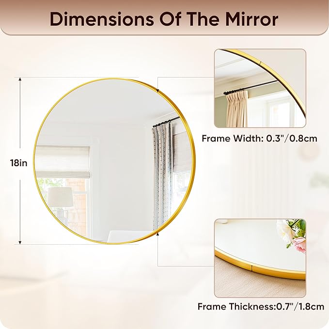 Antok Wall Mirror, 18"x18" Bathroom Vanity Mirror, Anti-Rust HD Tempered Glass, Wall Mounted Mirrors for Living Room, Entryway, Gold Frame, Round