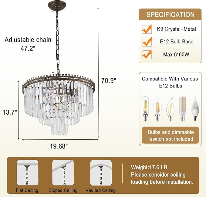 6-Light Crystal Chandelier, 3-Tier Modern Chandelier for Dining Room, Farmhouse Round Crystal Hanging Light Fixture for Foyer Living Room Entryway Bedroom