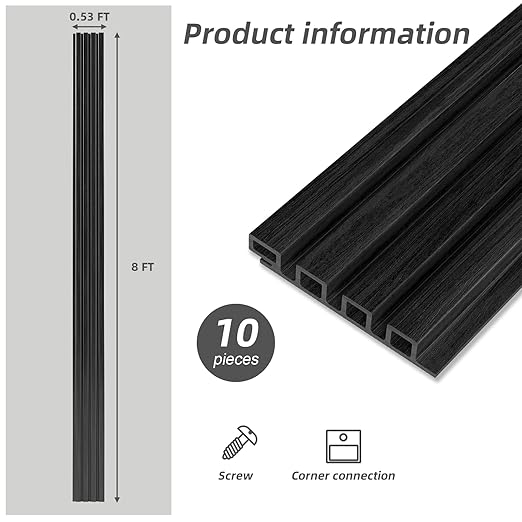 3D Faux Wood Wall Panels for Exterior – Waterproof WPC Decorative Siding Slat Covering, Outdoor UV 8 FT (L) x 0.53 FT(H) Resistant Wall Decor, Easy Install Design (Black, Pack of 10 Piece)