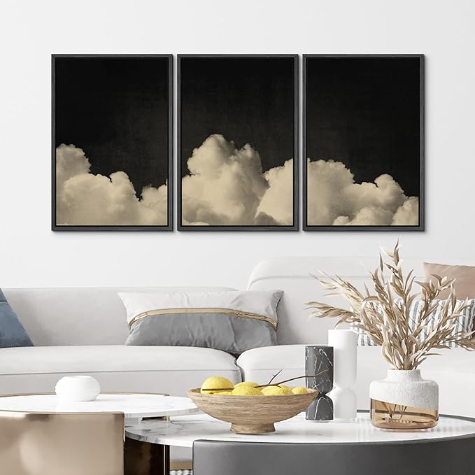 MUDECOR Framed Canvas Print Wall Art Dramatic Cloudscape Black and Beige Sky Illustrations Realism Decorative for Living Room, Bedroom, Office - 16"x24"x3 Black