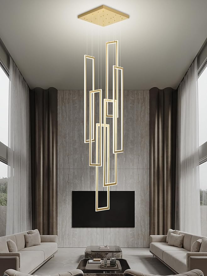 6-Rings Modern Chandelier,H138 Rectangle Chandeliers for Staircase,LED Dimmable High Ceiling Chandeliers Large Contemporary Chandelier for Villa Foyer Gold
