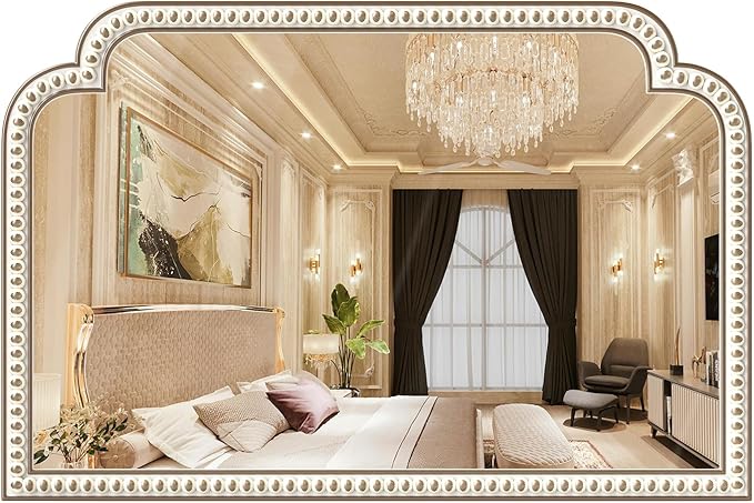 36''x24'' Farmhouse Wood Decorative Wall Mirrors with Beads, Boho Large Wide Arch Mirror for Living Room, Bedroom, Entryway, Fireplace