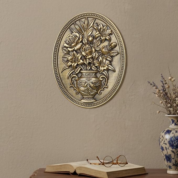 Newinhome Vintage Flower Wall Sculpture, Antique Wall Decor, Hand Painted Wall Decorations with Embossed Flower Design, Antique Pediment, Gold Decor for Living Room Bedroom Hallway, Unique Gifts