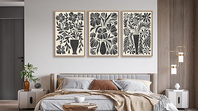 arteWOODS Botanical Framed Wall Art - Neutral Abstract Pictures Vintage Boho Floral Wall Decor Black Beige Minimalist Prints Aesthetic Vase Flowers Painting Artwork 24" x 36" Set of 3 Natural Framed