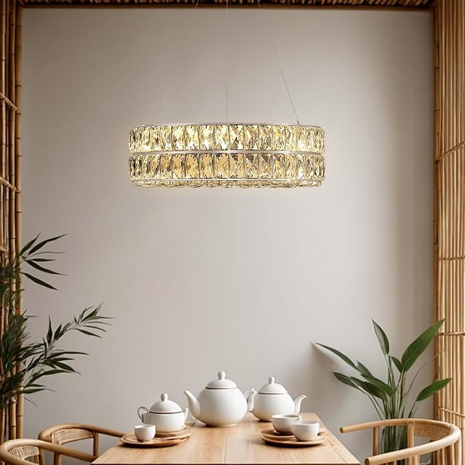 Led 15.7" Silver Ring Crystal Chandelier for Living Room, Modern Dimmable Chandeliers Lighting Adjustable Hanging Pendant Light for Dining Room