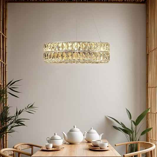 Led 15.7" Silver Ring Crystal Chandelier for Living Room, Modern Dimmable Chandeliers Lighting Adjustable Hanging Pendant Light for Dining Room