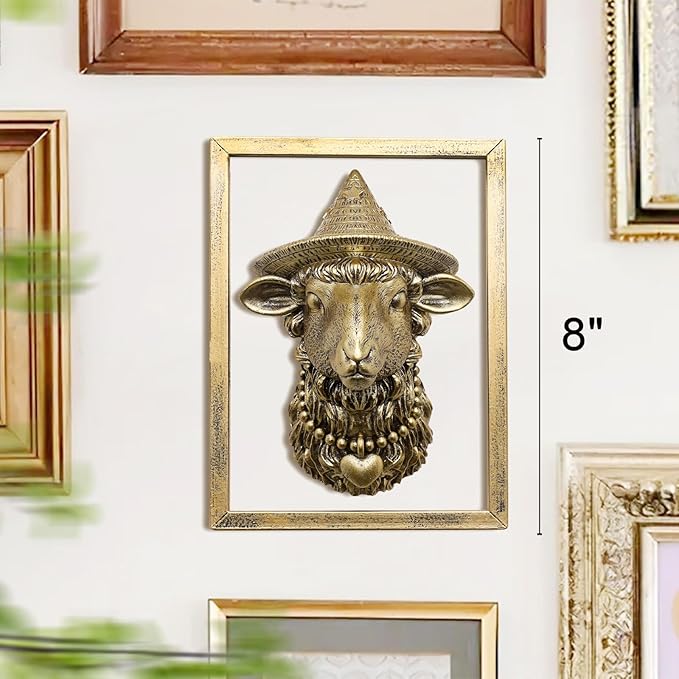 Animal Heads Wall Decor (Includes Metal Frame) Resin Animals Sculptures Head Wall Hanging Decoration Gold vintage Wall Sculpture for Living Room Bedroom Office(Sheep)