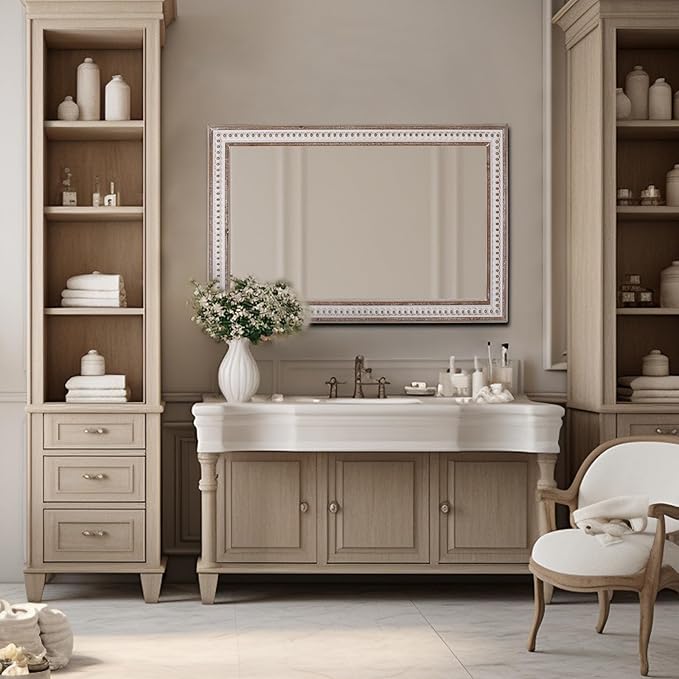 35x23'' Boho Wooden Rectangle Wall Mirror, Rustic Farmhouse Rectangular Mirrors for Bathroom, Bedroom, Living Room, Entryway Decorative - Vertical or Horizontal Hanging