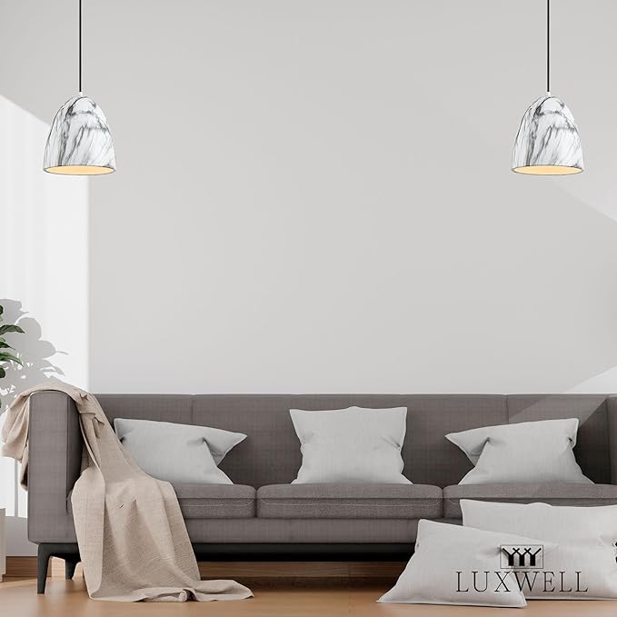 Modern Marble Pendant Light, 8.2"x7.9" Metal Hanging Light Fixture with Faux White Stone Finish, 15"-72" Adjustable Line, E26 Socket for Dining Room, Kitchen, Entryway, Bedroom – Ivory Quartz