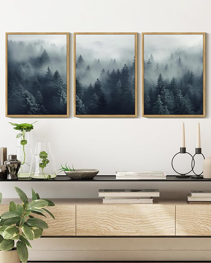 KUVIOKE Blue Fog Pine Tree Framed Wall Art Nature Nordic Forests Artwork Morden Painting Home Decor 11x14in (Natural Framed)