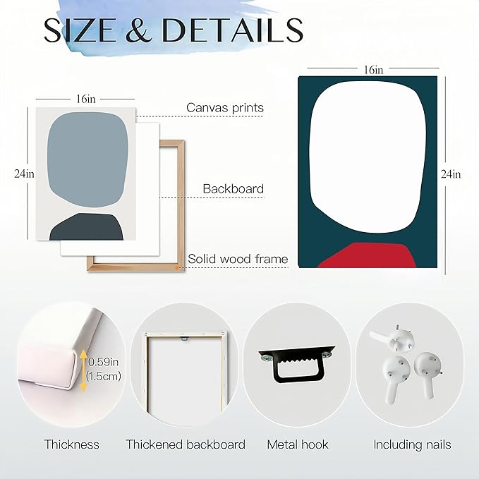 ouiytws Color block simple abstract wall art canvas prints, blue, white, pink of modern simple style, mostly used in the living room, study, bedroom decoration. Frame 16 X 24 in X 3 pieces