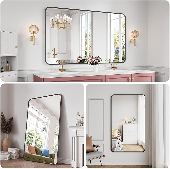 Koonmi Bathroom Mirror, 36X60 Inch Black Metal Framed Mirror for Bathroom, Tempered Glass, Anti-Rust, Rounded Rectangle Mirror for Restroom, Bedroom, Black