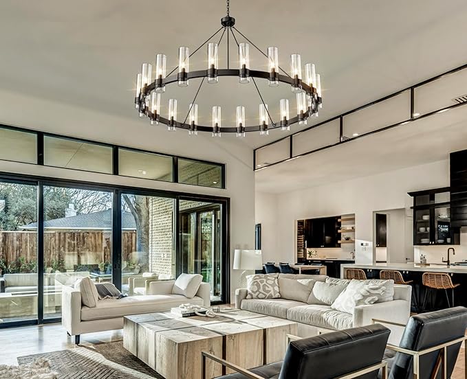 60 Inch Black Round Chandelier, Wagon Wheel Chandelier with Glass Shade, 20-Lights Large Modern Farmhouse High Ceilings Pendant Lighting Fixture for Dining Room, Living Room, Kitchen, Foyer