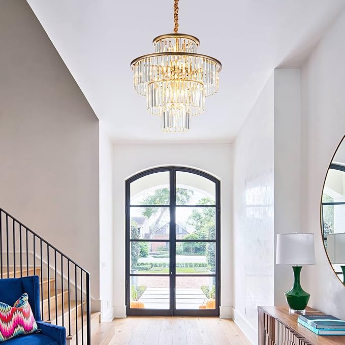 23" 14-Light Modern Crystal Chandelier Light Fixtures 4-Tier Gold Luxury Chandeliers for Dining Room Round Hanging Pendant Lighting for Living Room Kitchen Entryway Bedroom Foyer Hallway