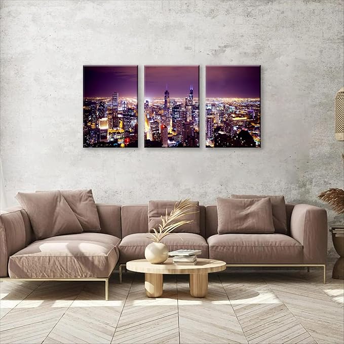 NAN Wind Large Modern City Chicago Skyline Pictures Cityscape Canvas Wall Art for Bedroom Downtown Poster Office Dining Room Wall Decor Wood Framed Night Scene Prints Paintings for Home Decorations