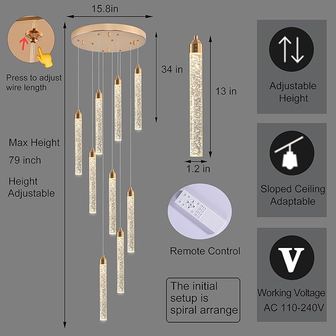 9-Light Gold High Ceiling Crystal Staircase Chandelier, Modern Spiral Raindrop Dimmable LED Bubble Cluster Ceiling Hanging Lighting Fixture for Foyer Living Room Entrance Remote Control