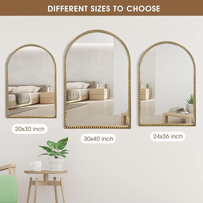 Arched Wall Mirror for Bathroom, 20"x30" Metal Beaded Frame Decorative Accent Mirror, Large Modern Distressed Hanging Wall Decor for Washroom, Bedroom, Living Room, Entryway, Antique Gold