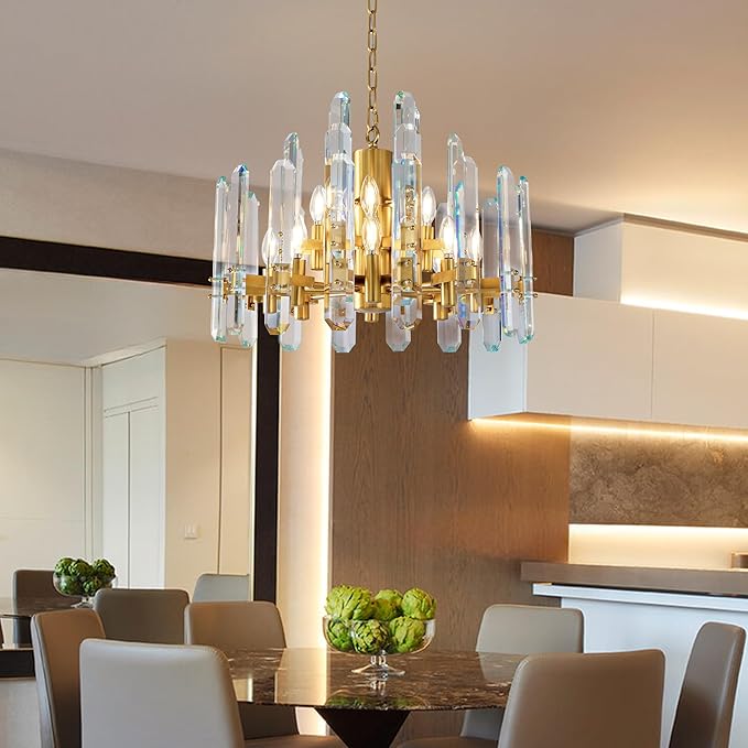 24" Modern Crystal Chandelier, 12-Light Luxury Gold Chandelier for Dining Room, Living Room, Bedroom, Foyer, Kitchen, Restaurant, Contemporary Round Adjustable Chain Chandeliers K9 Light Fixture