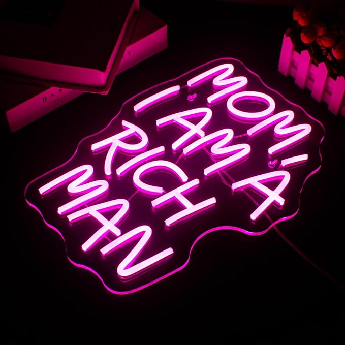 Lucunstar Mom I Am A Rich Man Neon Sign Pink Neon Signs for Wall Decor Pink LED Light for Bedroom Decor USB Connectivity Led Neon Signs for Home Boys Room Man Cave Gifts for Teens
