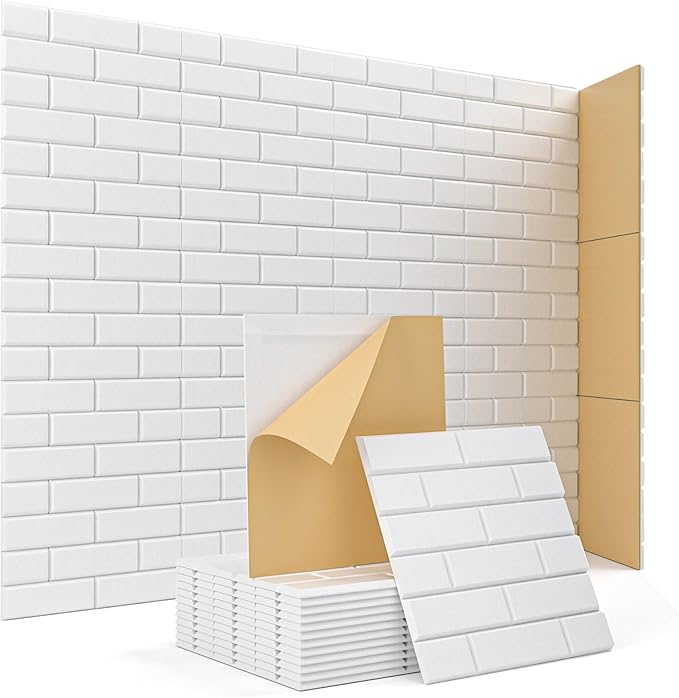 Acoustic Wall Panels, Brick Pattern Peel and Stick Sound Absorbing Panel for Ceiling, Door, Pared, 18 Pack 12"x12"x0.4", White Decorative Self Adhesive Wall Tiles for Recording Studio, Room