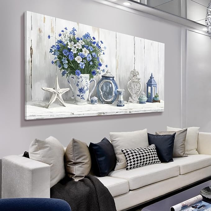 Nicetop Oversized Vintage Wall Art – Rustic Coastal Still Life Floral Canvas Print Country Farmhouse Cottagecore Shabby Chic Style Botanical Artwork Blue Picture for Large Living Room Kitchen 58x29Inch