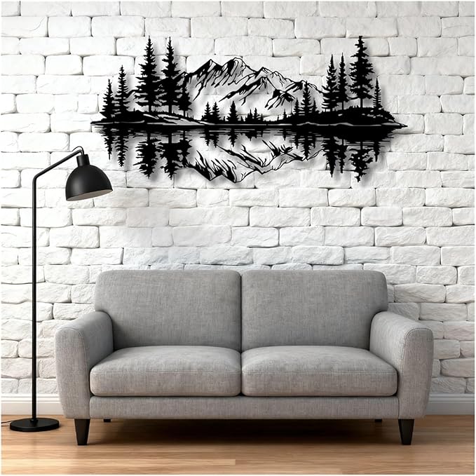 Mountain View Metal Wall Art,Nature Landscape Home Decor with Reflection,Black Iron Sculpture for Bedroom Garden Living Room Outdoor Office(Black,41 x19 in/105x49 cm)