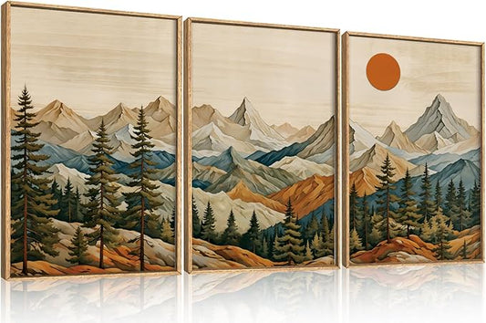Ausril Boho Woodcut Mountain Framed Canvas Wall Art Set, Woodcut Pine Tree Wall Decor, Brown Wooden Forest Wall Painting, Vintage Mountain Sunrise Art Print for Living Room, Bedroom, Office 24"X36"X3
