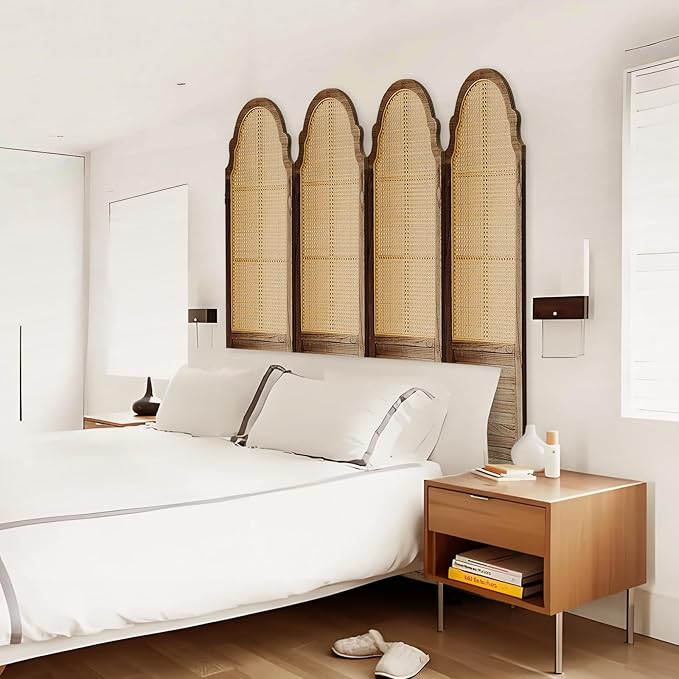 4 Panel Rattan Room Divider, 6 FT Tall Portable Partition Solid Wood Frame Folding Privacy Screen, Partition Room Divider Ideal for Bedroom Living Room Office, Dark Brown