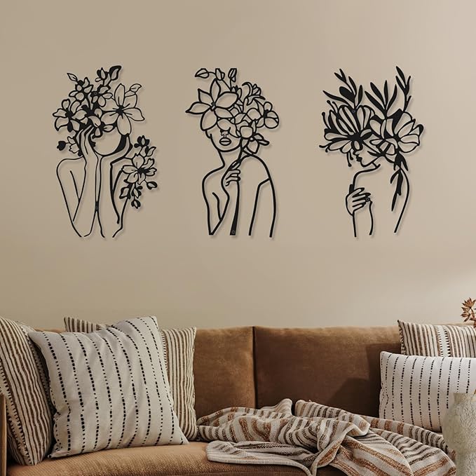 3 Pcs Metal Wall Art Decor Minimalist Abstract Woman metal Modern Line Drawing Wall Art Decor Female Single Line Home Hanging for Bedroom Kitchen Bathroom Living Room