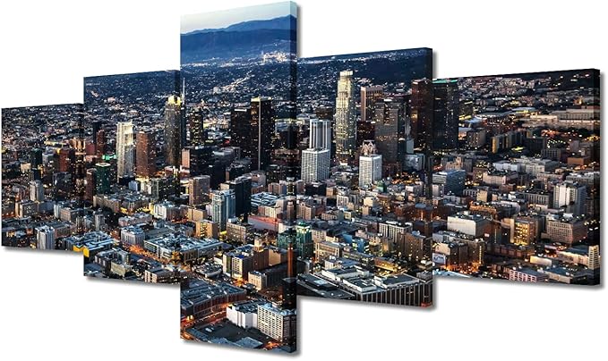 Beautiful Los Angeles Landscape Canvas Wall Art House Decor Los Angeles Skyline Bedroom Decor Wall Art 5 Pieces Modern Home Decor Giclee Wooden Framed Gallery-Wrapped Ready to Hang (50"Wx24"H)